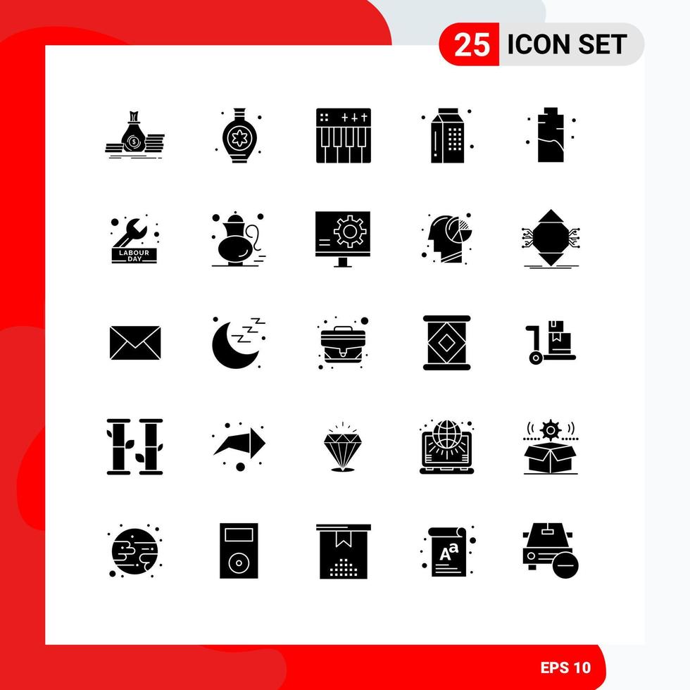 25 Universal Solid Glyph Signs Symbols of milk food celebration drinks piano Editable Vector Design Elements