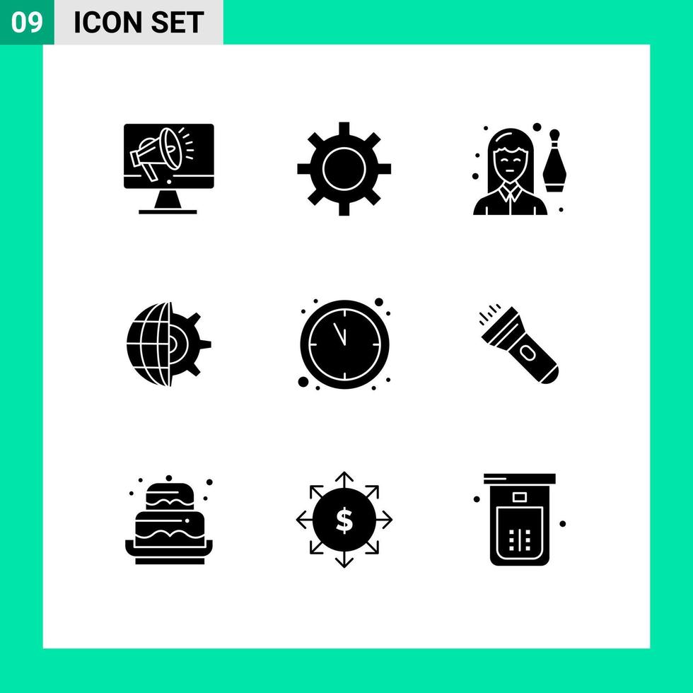 9 Thematic Vector Solid Glyphs and Editable Symbols of business globe vehicle maintenance gear leisure Editable Vector Design Elements