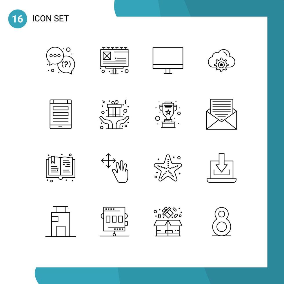 Group of 16 Outlines Signs and Symbols for internet computing devices gear cloud Editable Vector Design Elements