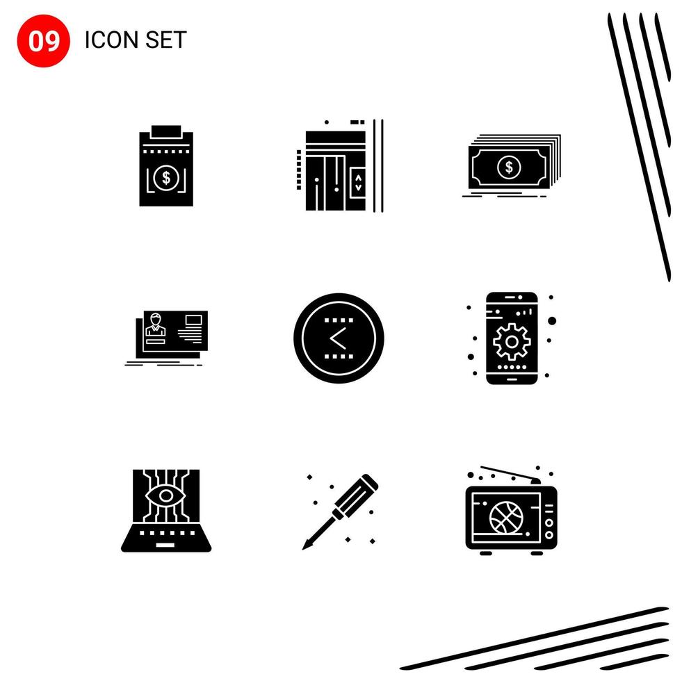 9 Universal Solid Glyph Signs Symbols of card user down id funds Editable Vector Design Elements