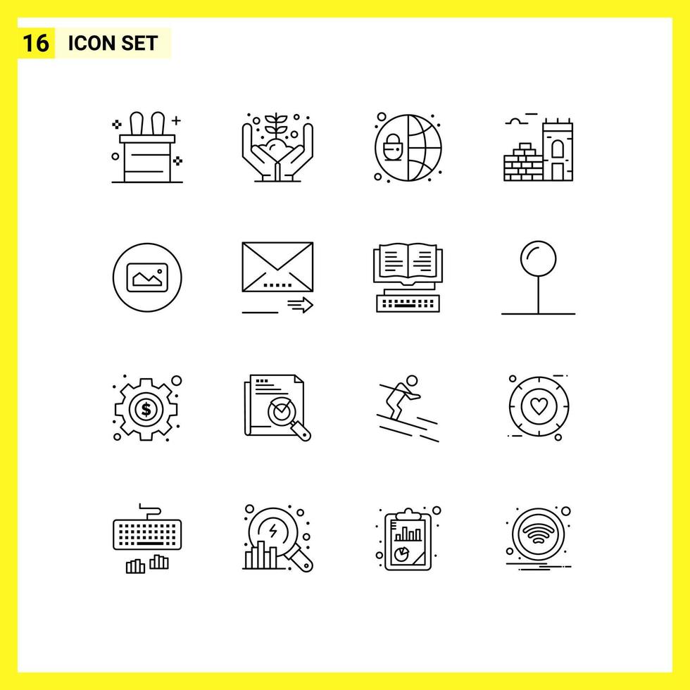 Pack of 16 Modern Outlines Signs and Symbols for Web Print Media such as forward ui seo basic image Editable Vector Design Elements