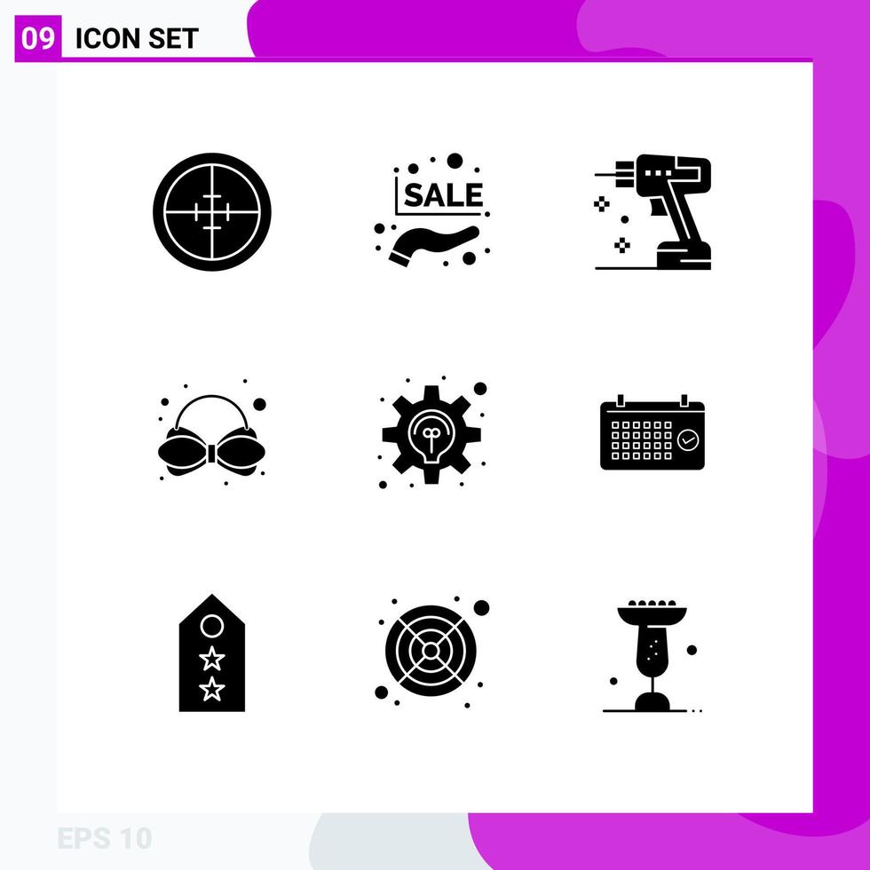 Modern Set of 9 Solid Glyphs Pictograph of idea tie promotion sale carnival tool Editable Vector Design Elements