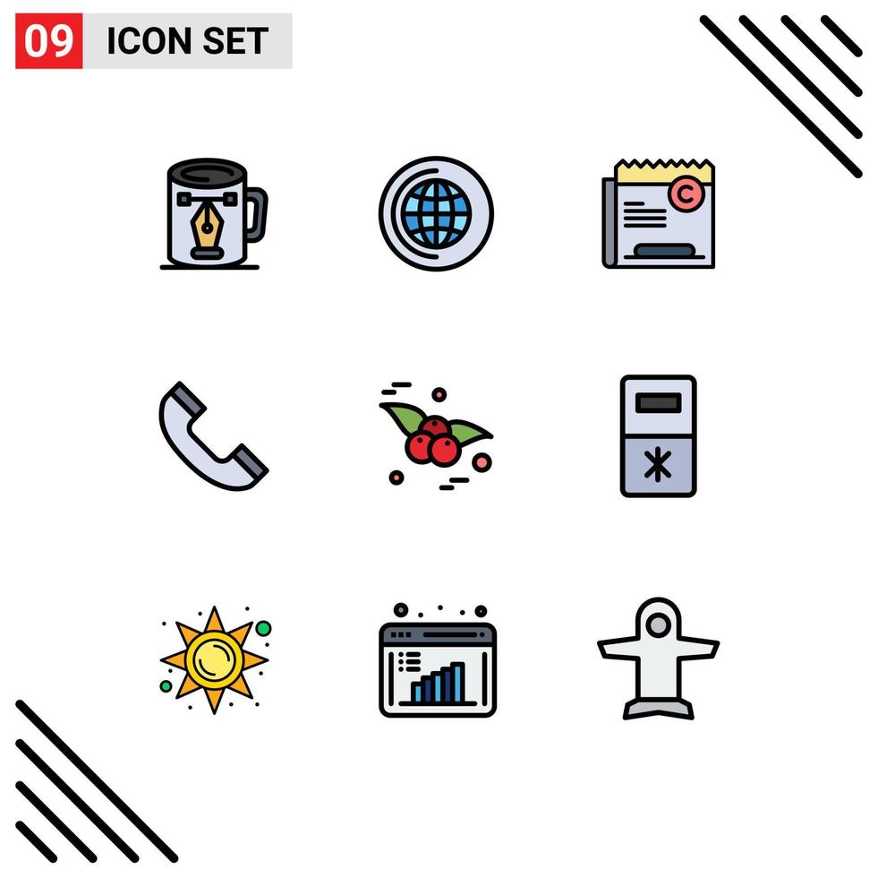 Mobile Interface Filledline Flat Color Set of 9 Pictograms of food telephone copy phone file Editable Vector Design Elements