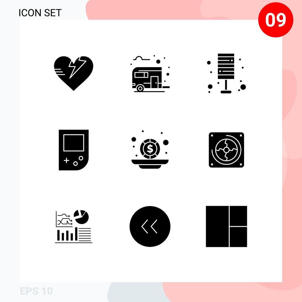 Editable Vector Line Pack of 9 Simple Solid Glyphs of investment gameboy light device home Editable Vector Design Elements
