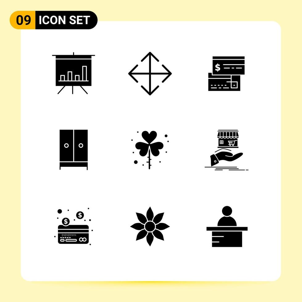Pack of 9 Modern Solid Glyphs Signs and Symbols for Web Print Media such as leaf hotel credit home closet Editable Vector Design Elements