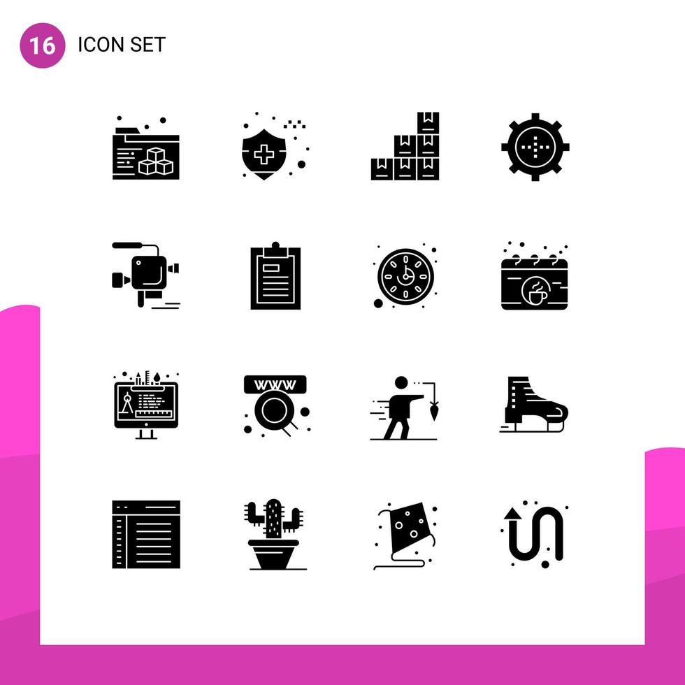 Group of 16 Modern Solid Glyphs Set for document film camera devices film camera Editable Vector Design Elements