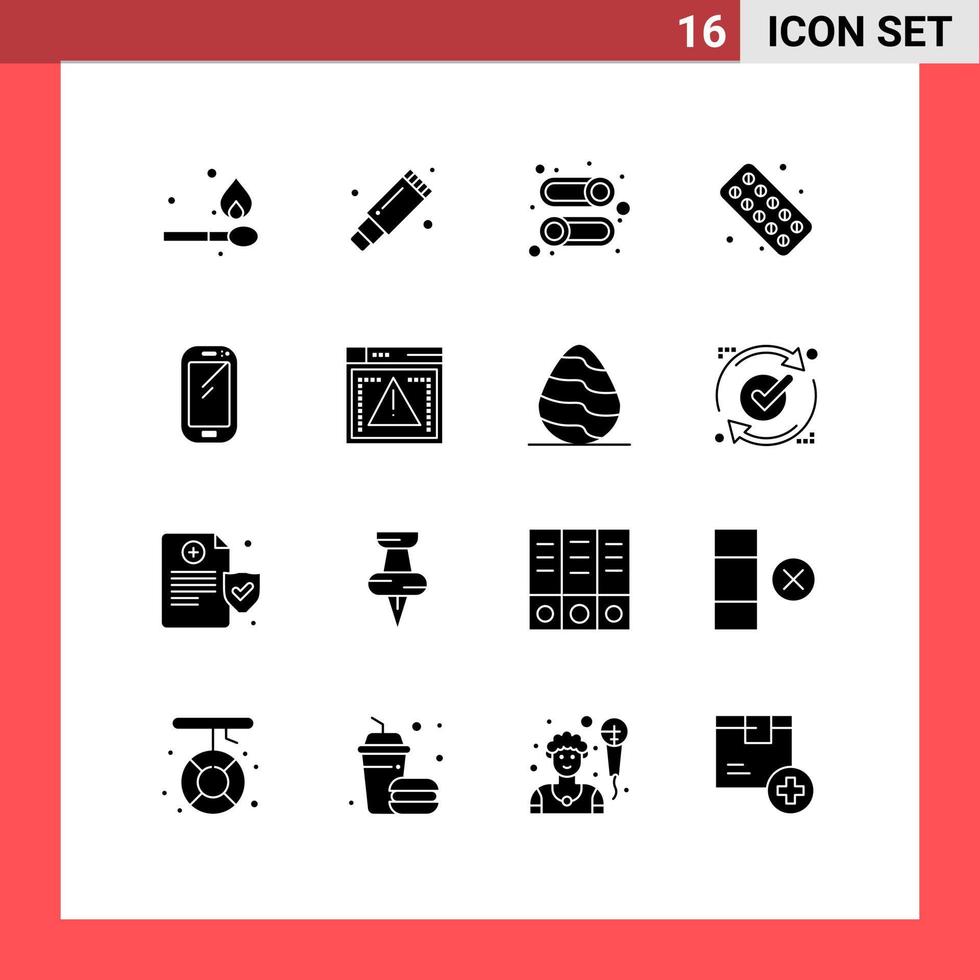 Group of 16 Solid Glyphs Signs and Symbols for mobile phone interface tablet medical Editable Vector Design Elements