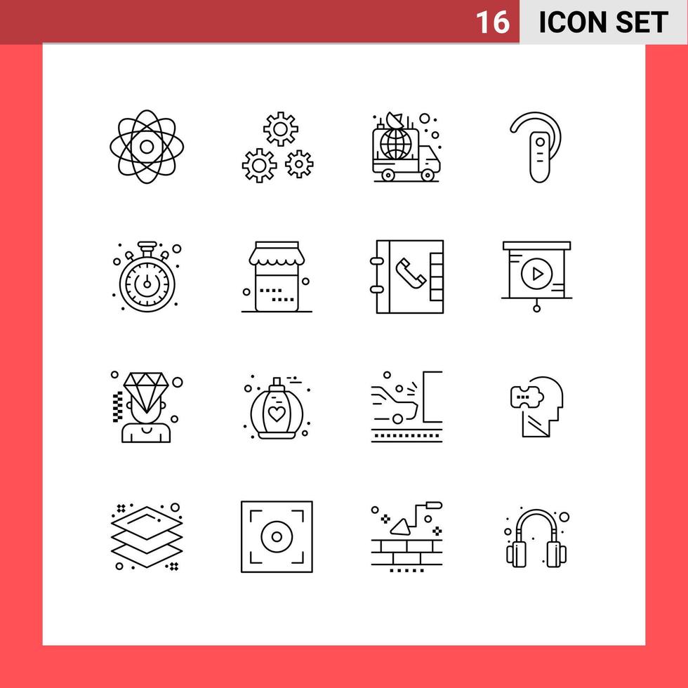 Universal Icon Symbols Group of 16 Modern Outlines of stopwatch headphone announcement ear accessory Editable Vector Design Elements