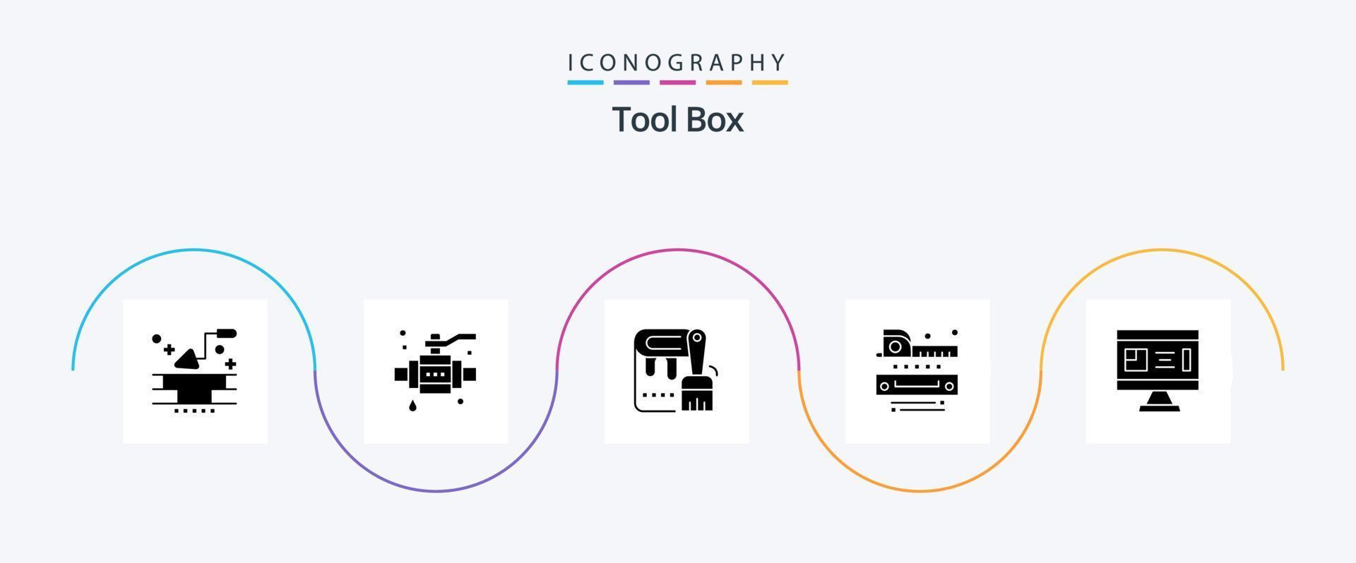 Tools Glyph 5 Icon Pack Including blueprint. tapeline. brush. ruler. level vector