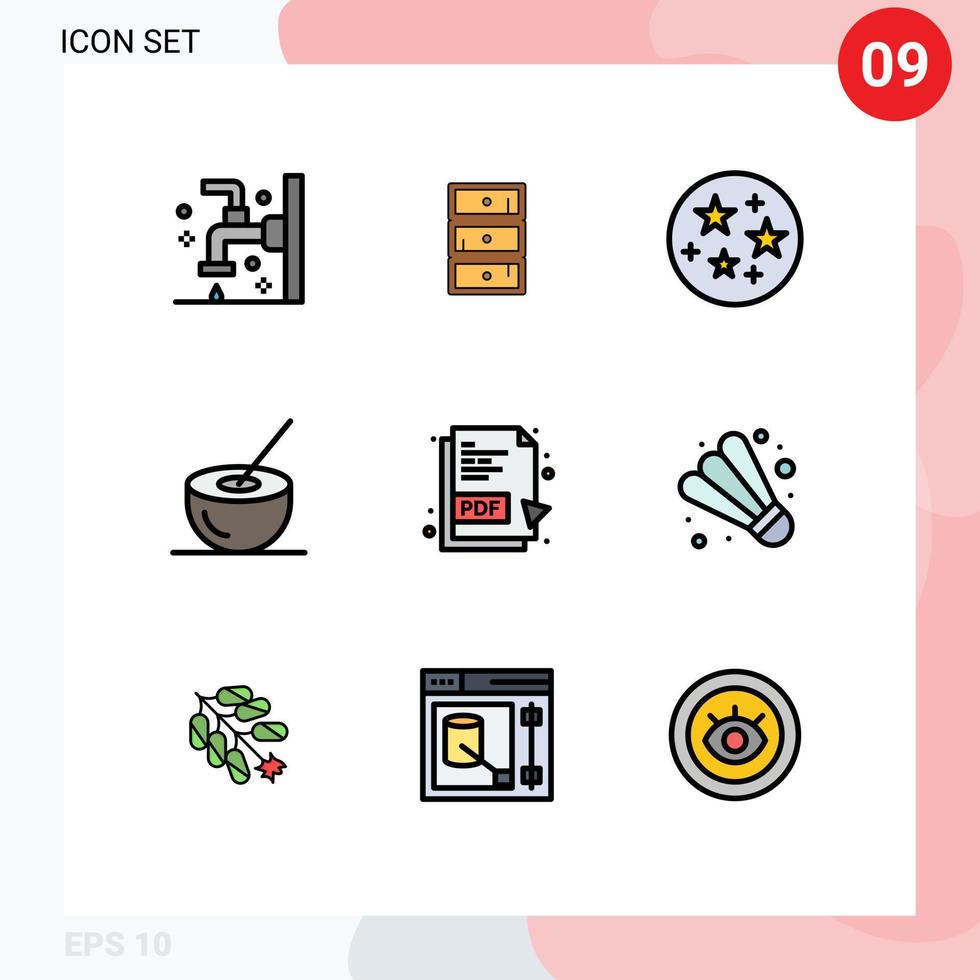 9 Filledline Flat Color concept for Websites Mobile and Apps pdf drink cupboard coconut juice bowl Editable Vector Design Elements