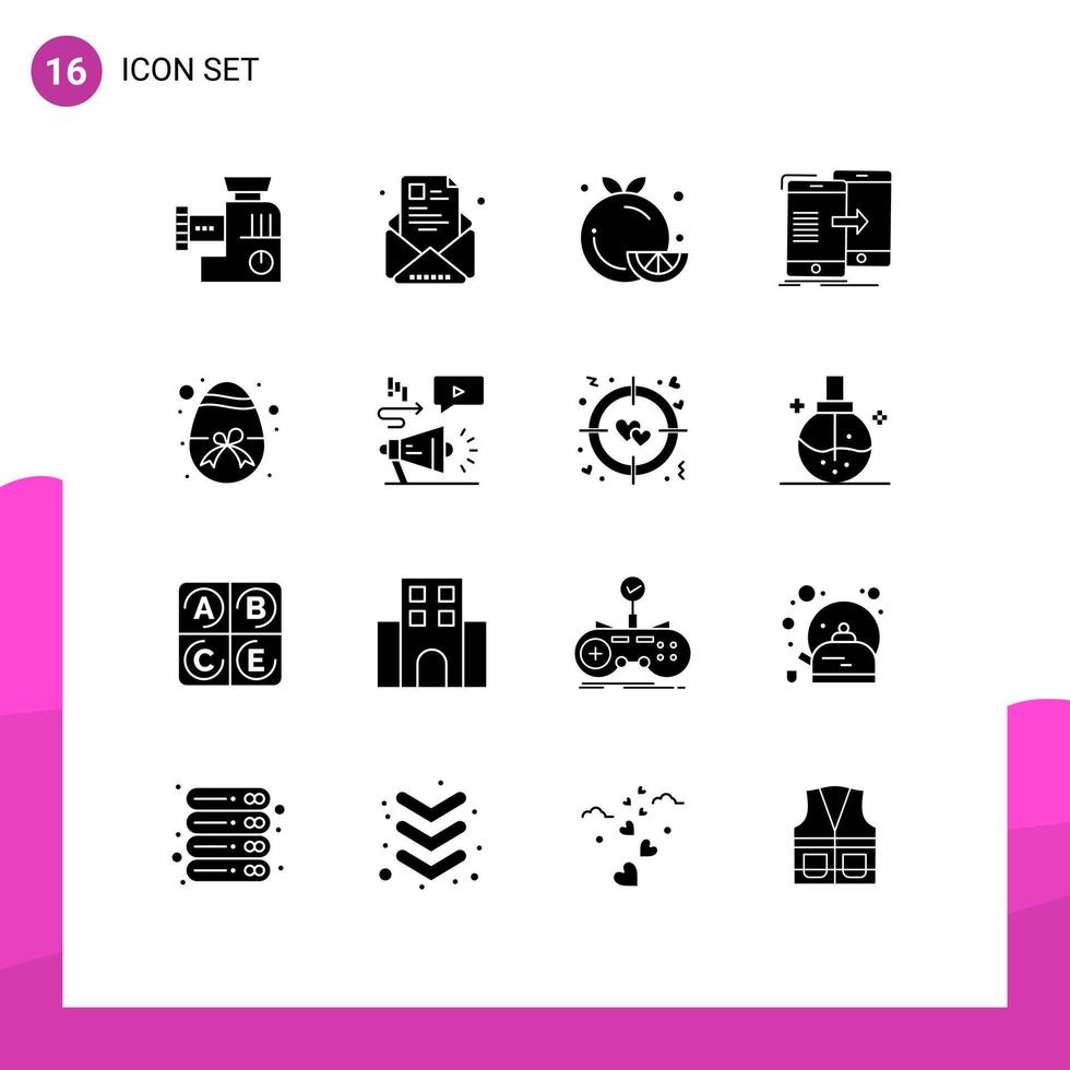 Set of 16 Commercial Solid Glyphs pack for sync data profile orange fruit Editable Vector Design Elements