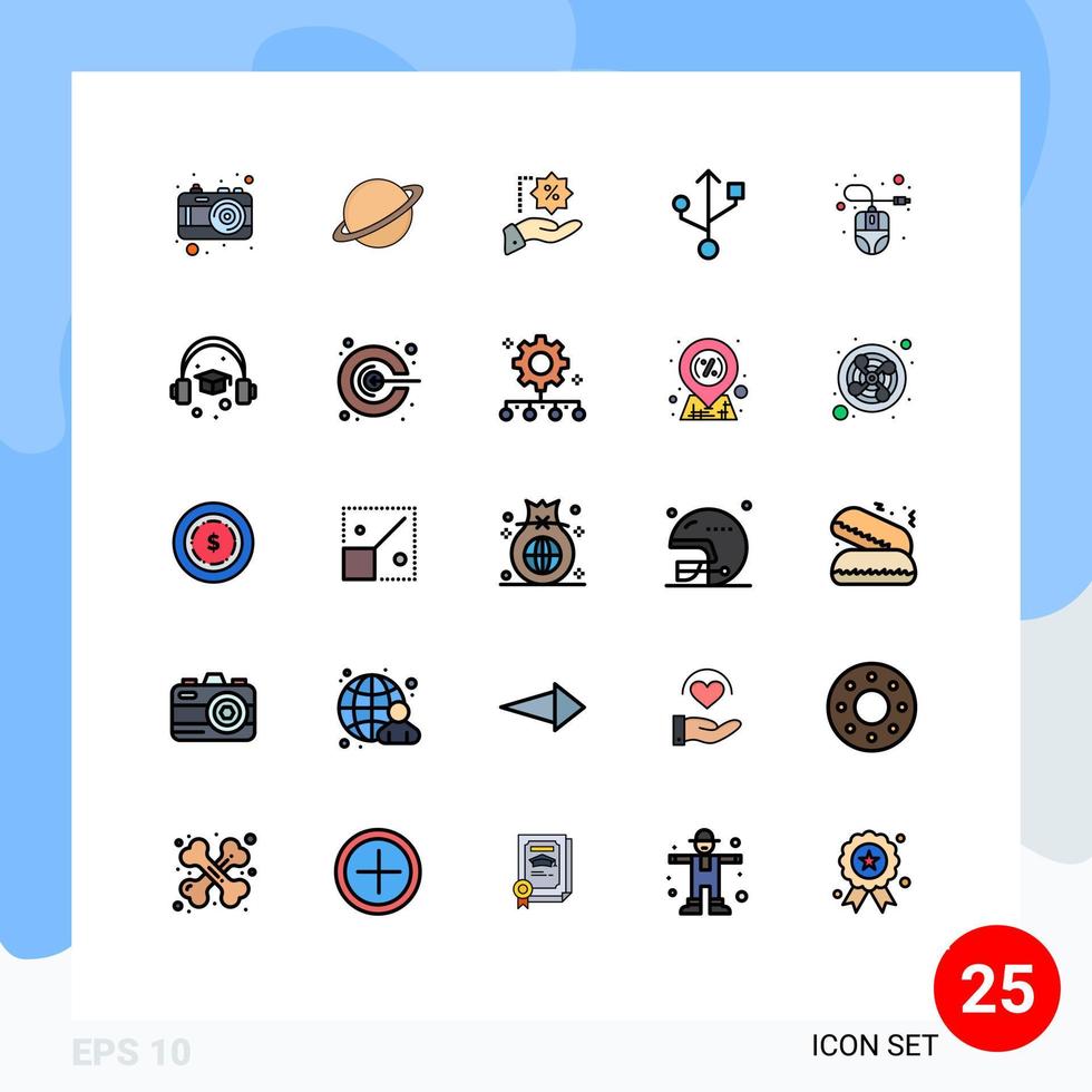 25 universal lleno línea plano colores conjunto para web y móvil aplicaciones computadora ratón USB bandera conexión rebaja editable vector diseño elementos