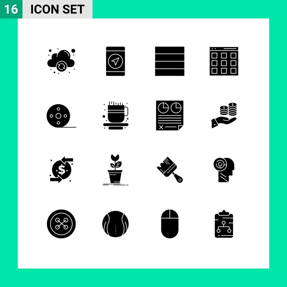 Mobile Interface Solid Glyph Set of 16 Pictograms of cup reel communication movie album Editable Vector Design Elements