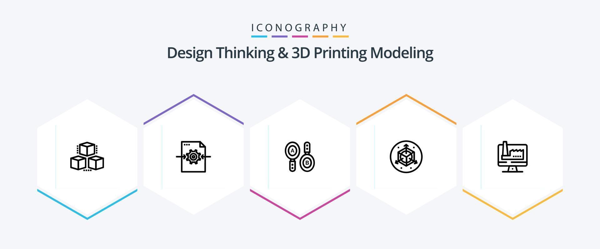 Design Thinking And D Printing Modeling 25 Line icon pack including monitore. computer. research. designd. scale vector