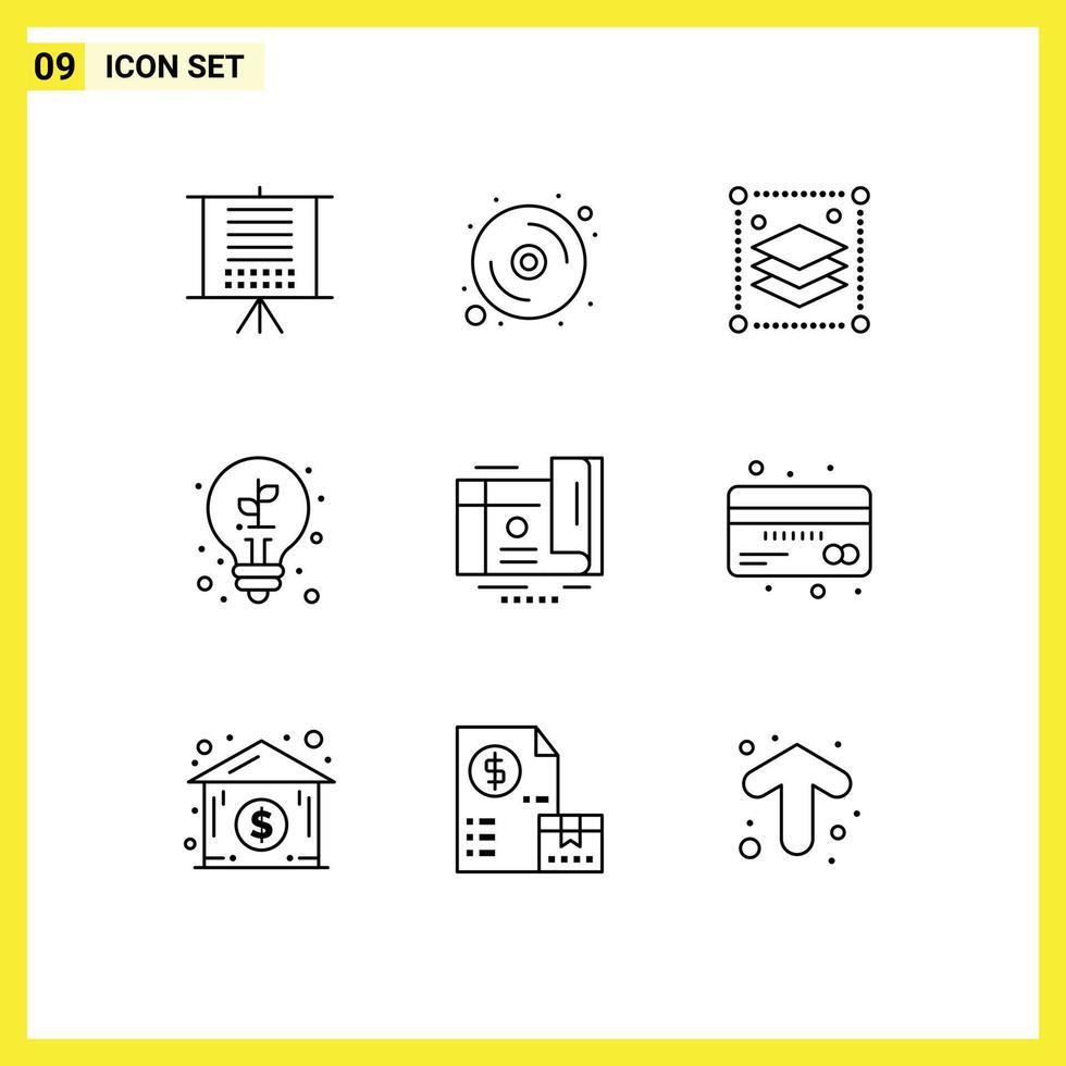 Mobile Interface Outline Set of 9 Pictograms of coupon plant copy layers light bulb Editable Vector Design Elements