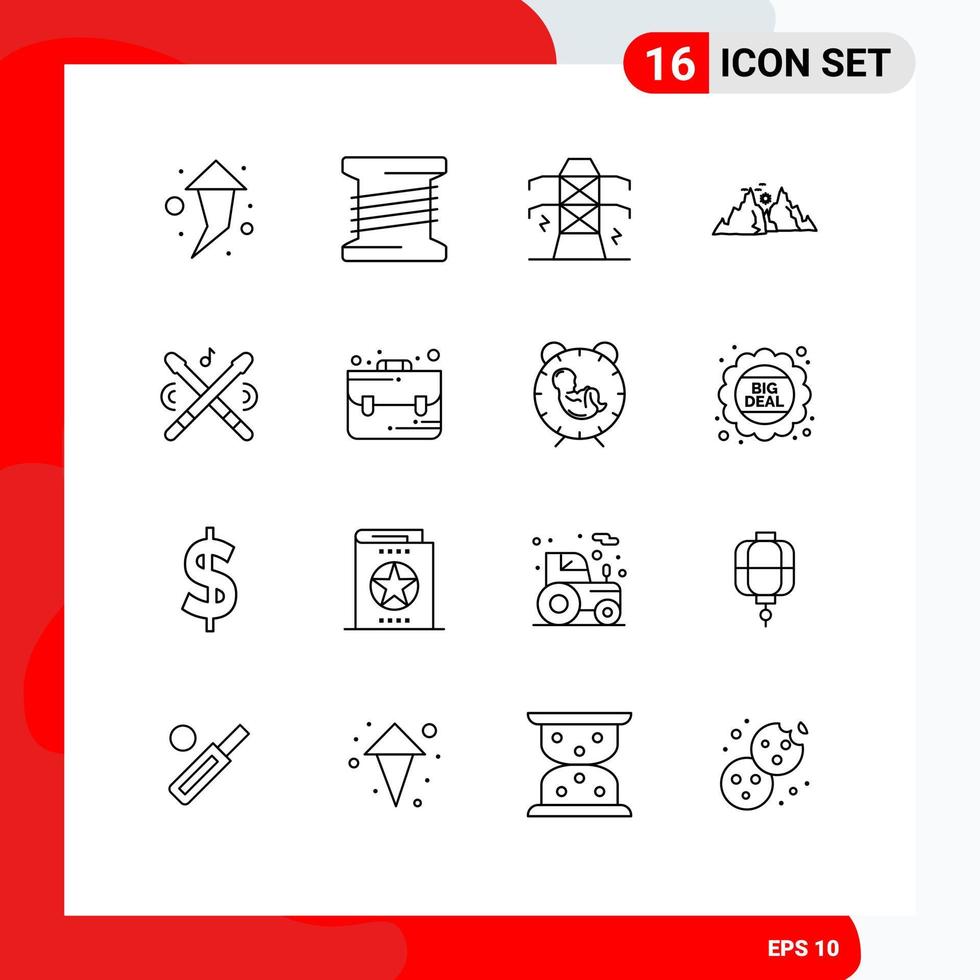 Set of 16 Vector Outlines on Grid for music drum power sun hill Editable Vector Design Elements