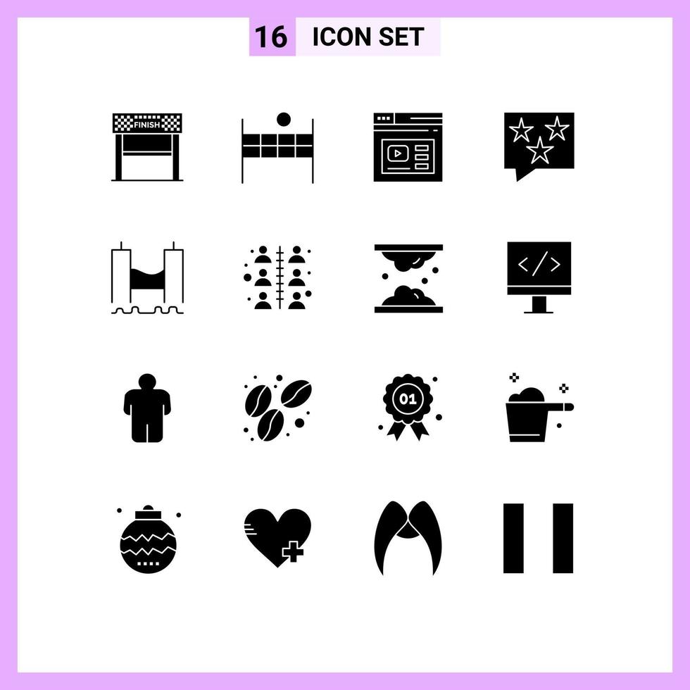 Pack of 16 Modern Solid Glyphs Signs and Symbols for Web Print Media such as star rank internet chat video Editable Vector Design Elements