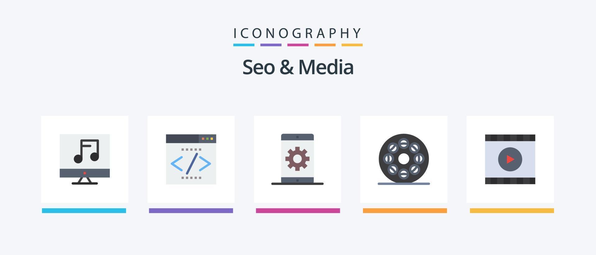 Seo and Media Flat 5 Icon Pack Including media. roll. engine. movie. search. Creative Icons Design vector