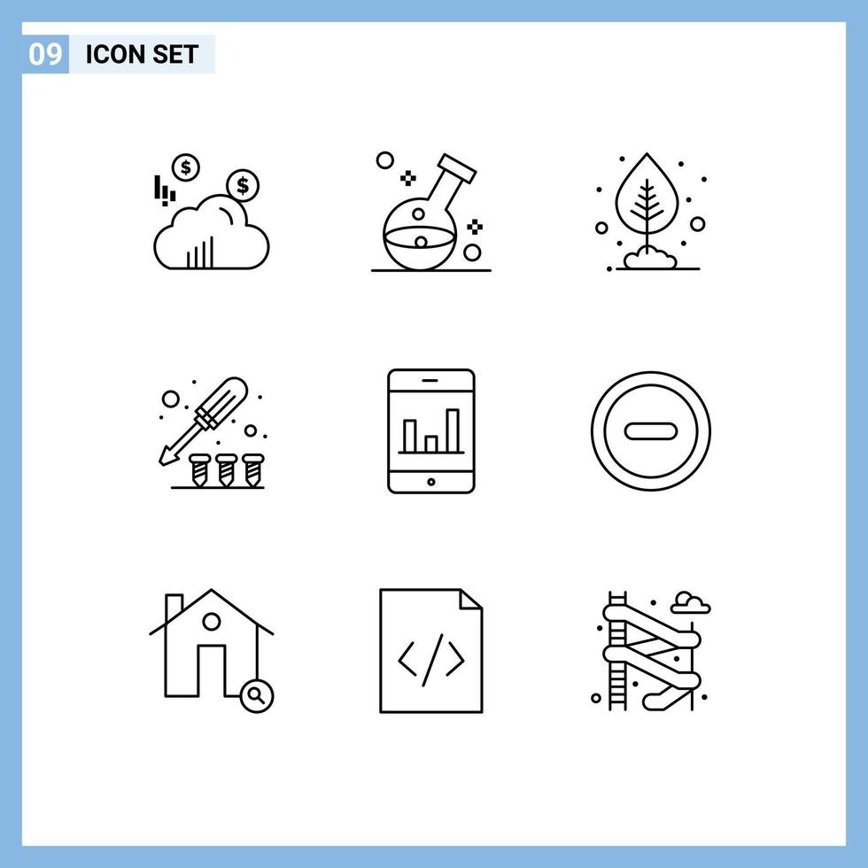 9 User Interface Outline Pack of modern Signs and Symbols of graph screw growth tool driver Editable Vector Design Elements
