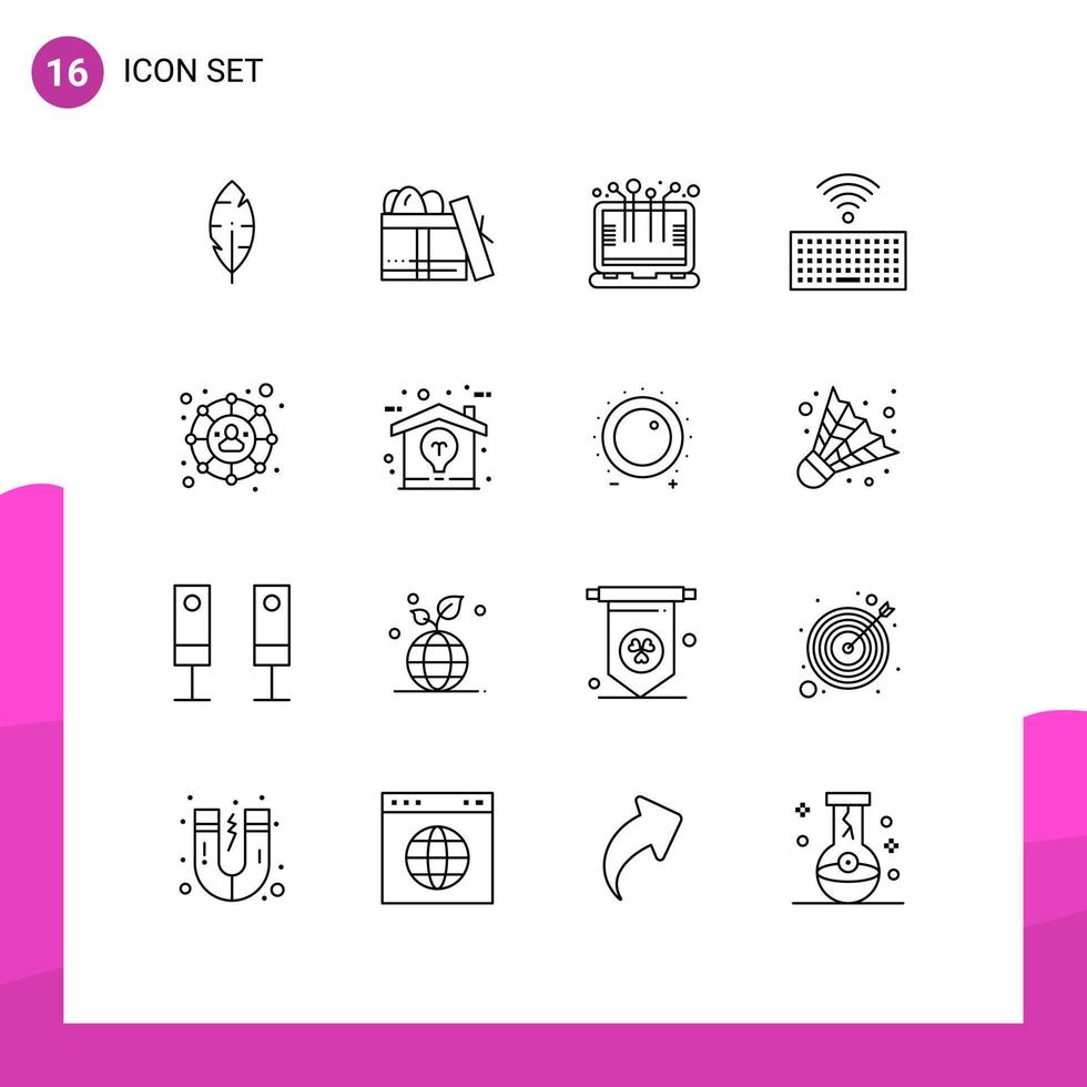 16 User Interface Outline Pack of modern Signs and Symbols of creative social computer connections keyboard Editable Vector Design Elements