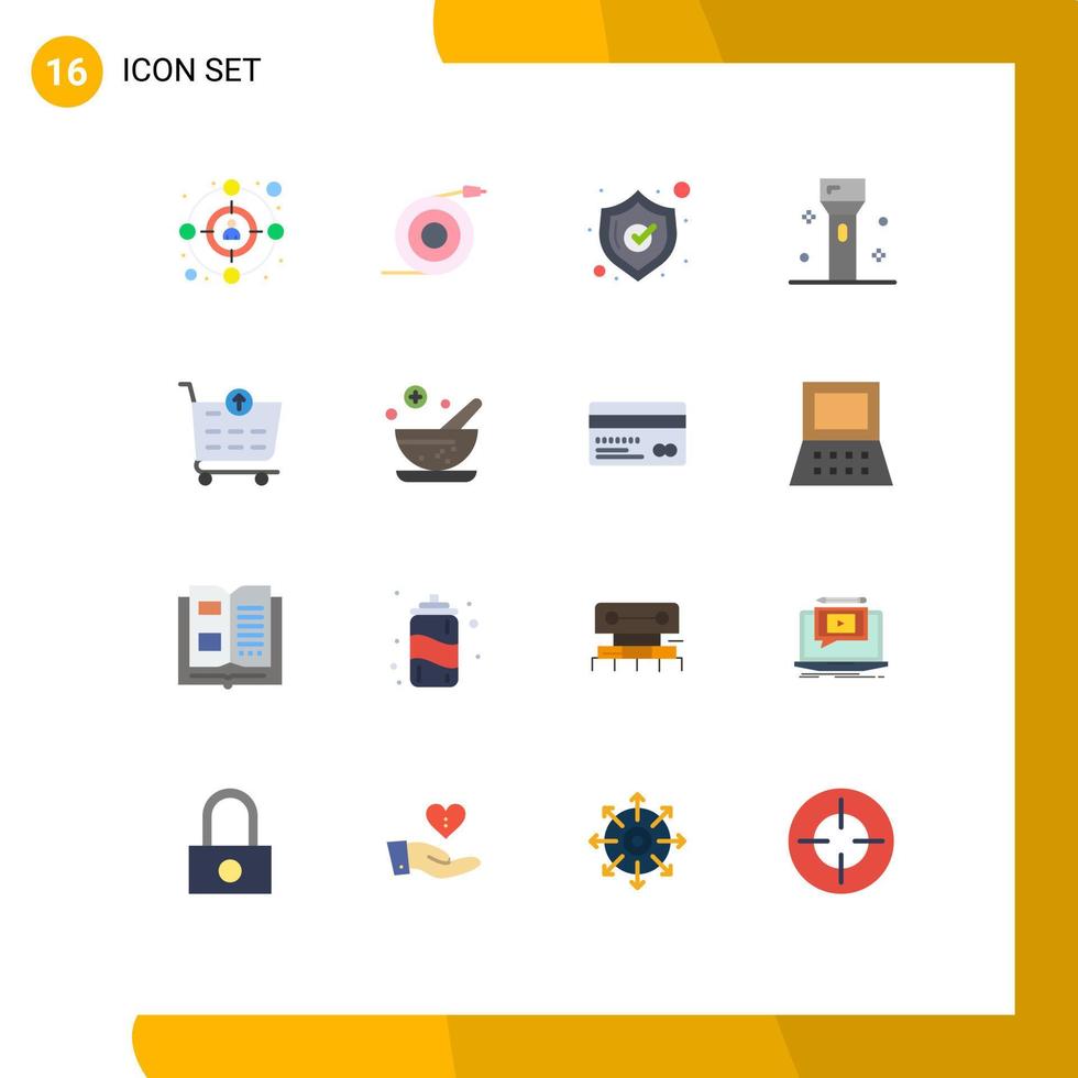 Modern Set of 16 Flat Colors and symbols such as shopping cart checkout shield technology flashlight Editable Pack of Creative Vector Design Elements