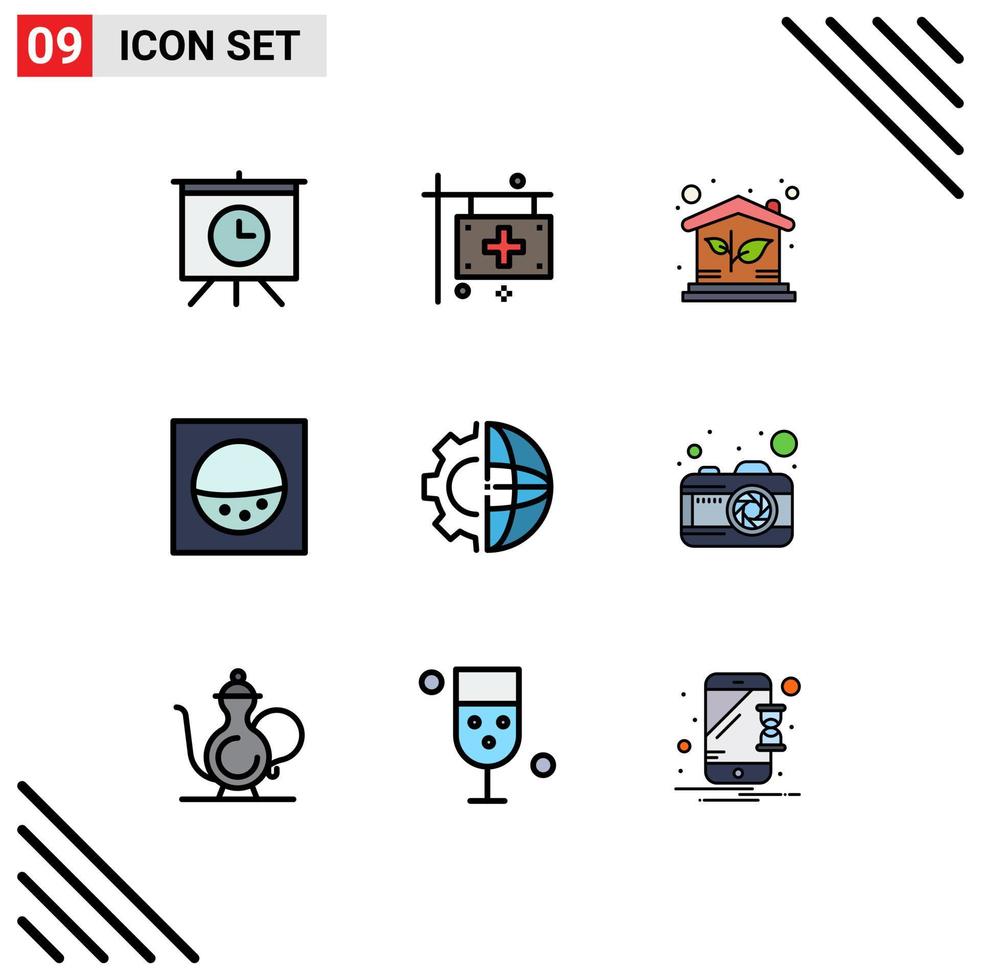 Set of 9 Commercial Filledline Flat Colors pack for processing gear eco development machine Editable Vector Design Elements