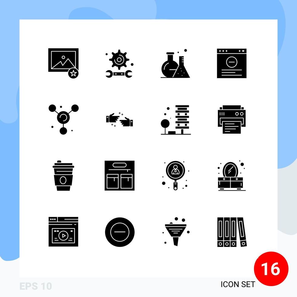 Group of 16 Solid Glyphs Signs and Symbols for handshake molecule flask atom internet Editable Vector Design Elements