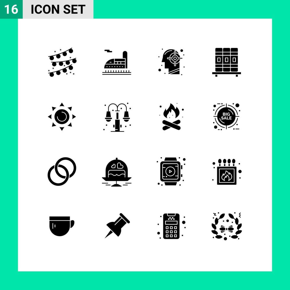 16 User Interface Solid Glyph Pack of modern Signs and Symbols of city shinning human beach education Editable Vector Design Elements