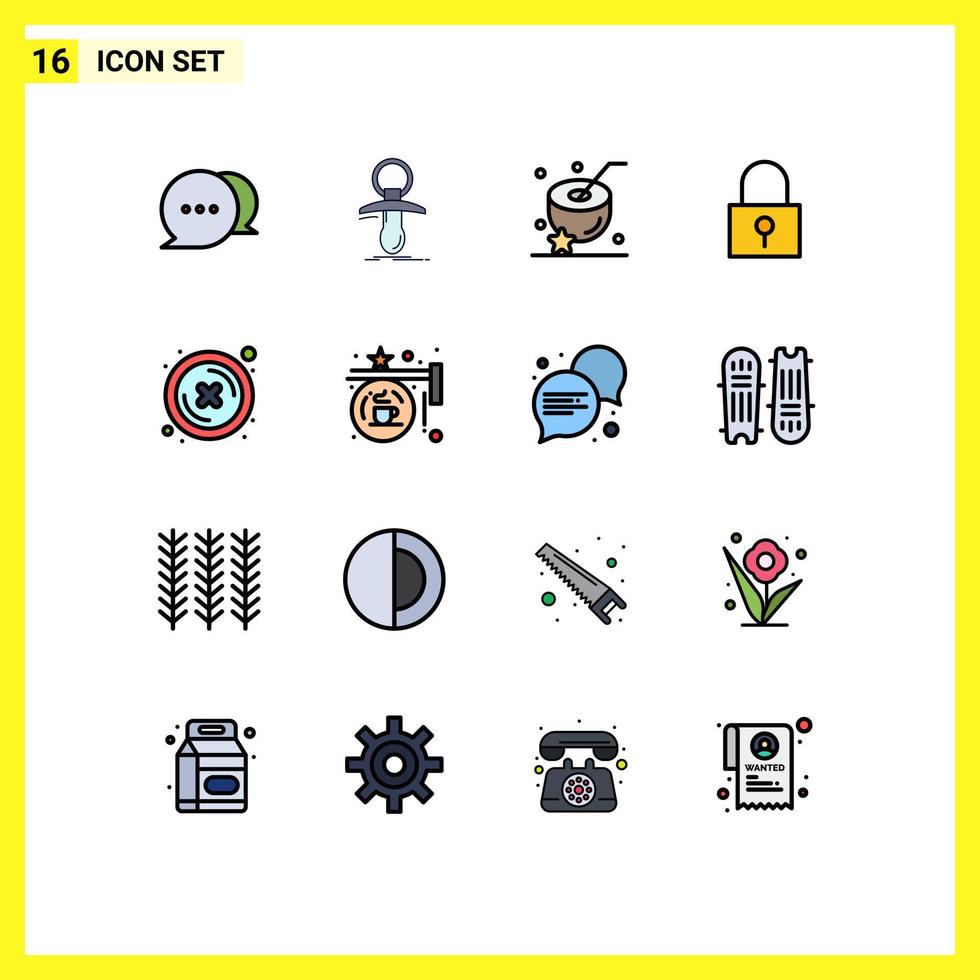 16 Universal Flat Color Filled Line Signs Symbols of cross secure password coconut password lock lock Editable Creative Vector Design Elements