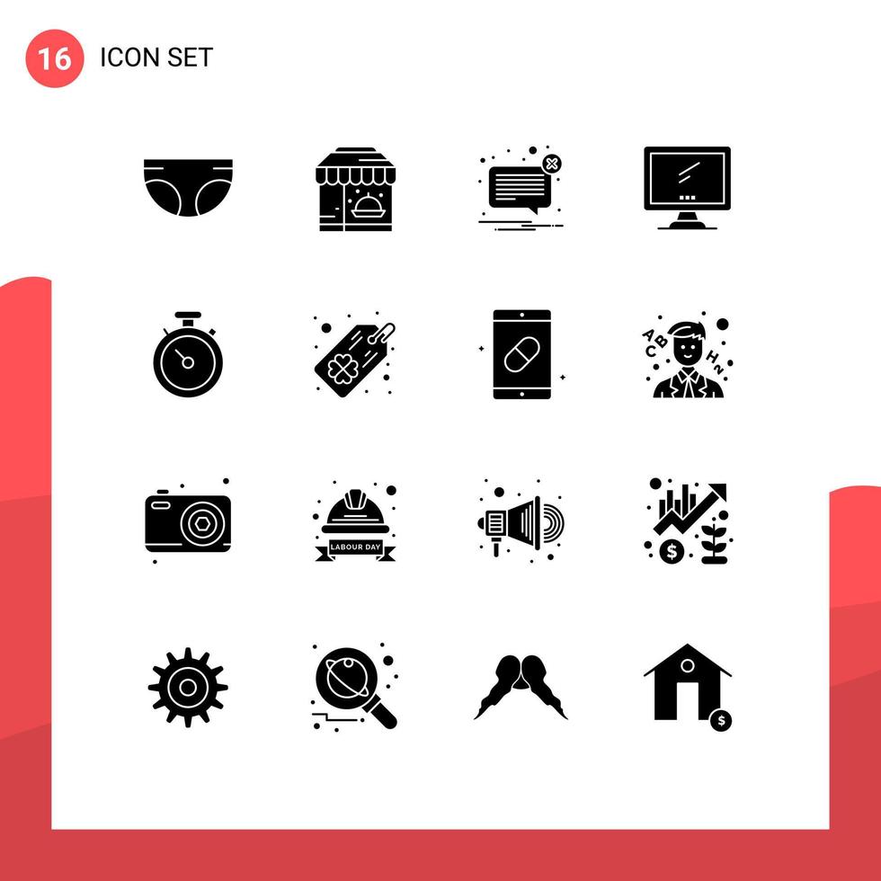 Group of 16 Modern Solid Glyphs Set for pc device alert monitor not Editable Vector Design Elements