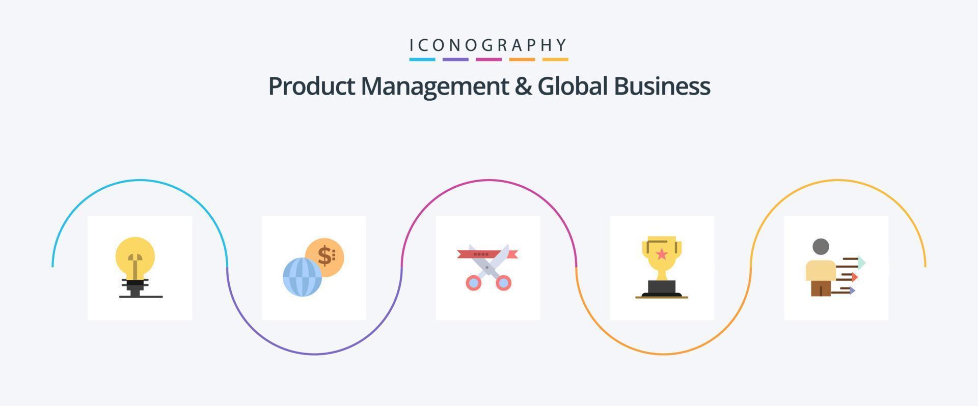 Product Managment And Global Business Flat 5 Icon Pack Including business. marketing. business. business. award vector