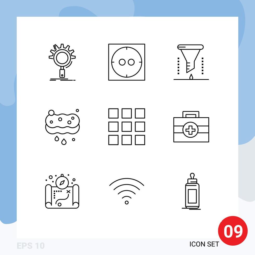 Mobile Interface Outline Set of 9 Pictograms of web design wash chemical funnel sponge clean Editable Vector Design Elements