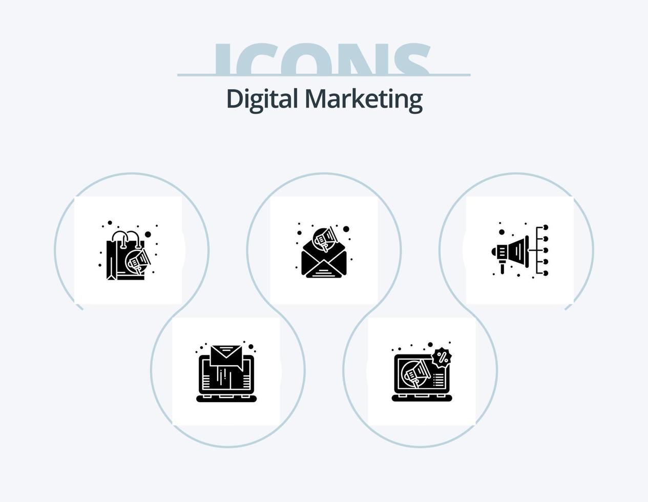 Digital Marketing Glyph Icon Pack 5 Icon Design. digital marketing. automation. bag. email marketing. advertisement vector