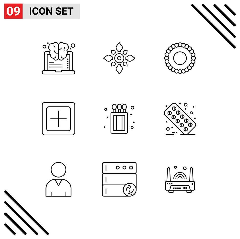 Pictogram Set of 9 Simple Outlines of plus increase hindu create mala Editable Vector Design Elements