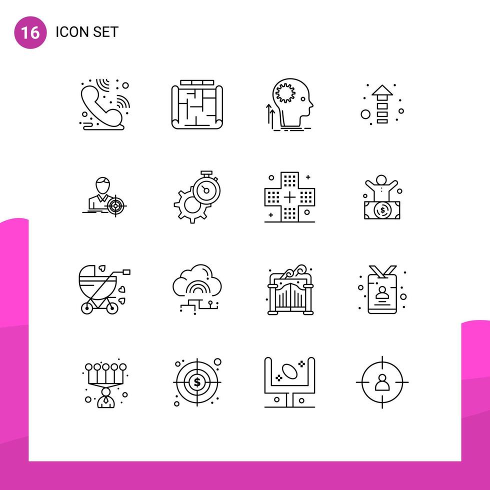 Pictogram Set of 16 Simple Outlines of target man creative up arrow Editable Vector Design Elements