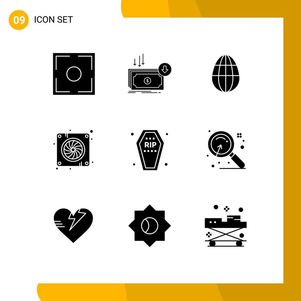 Solid Glyph Pack of 9 Universal Symbols of casket fan finance device holiday Editable Vector Design Elements