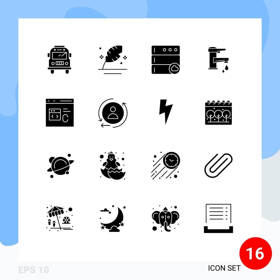 16 Universal Solid Glyphs Set for Web and Mobile Applications c faucet cloud water hand Editable Vector Design Elements