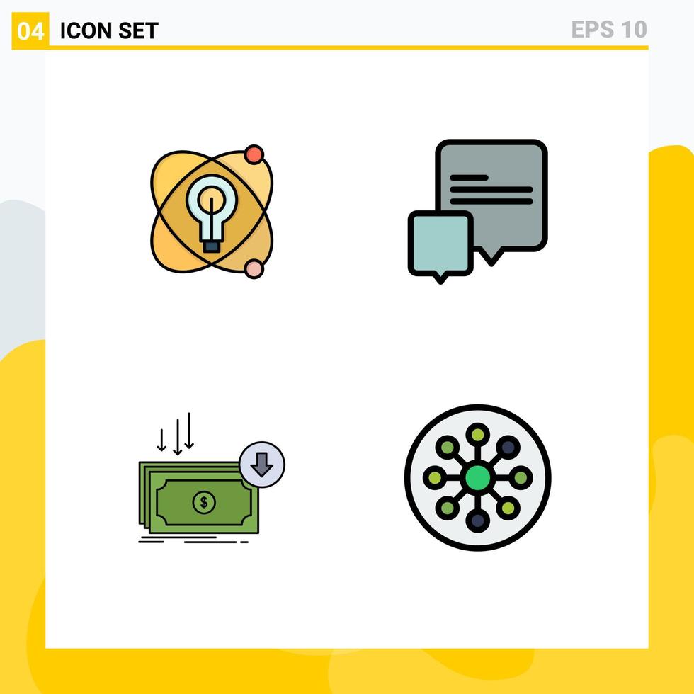 Filledline Flat Color Pack of 4 Universal Symbols of atom cut bulb messages finance Editable Vector Design Elements
