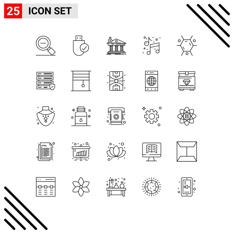 Pack of 25 Modern Lines Signs and Symbols for Web Print Media such as arts music hardware federal banking Editable Vector Design Elements