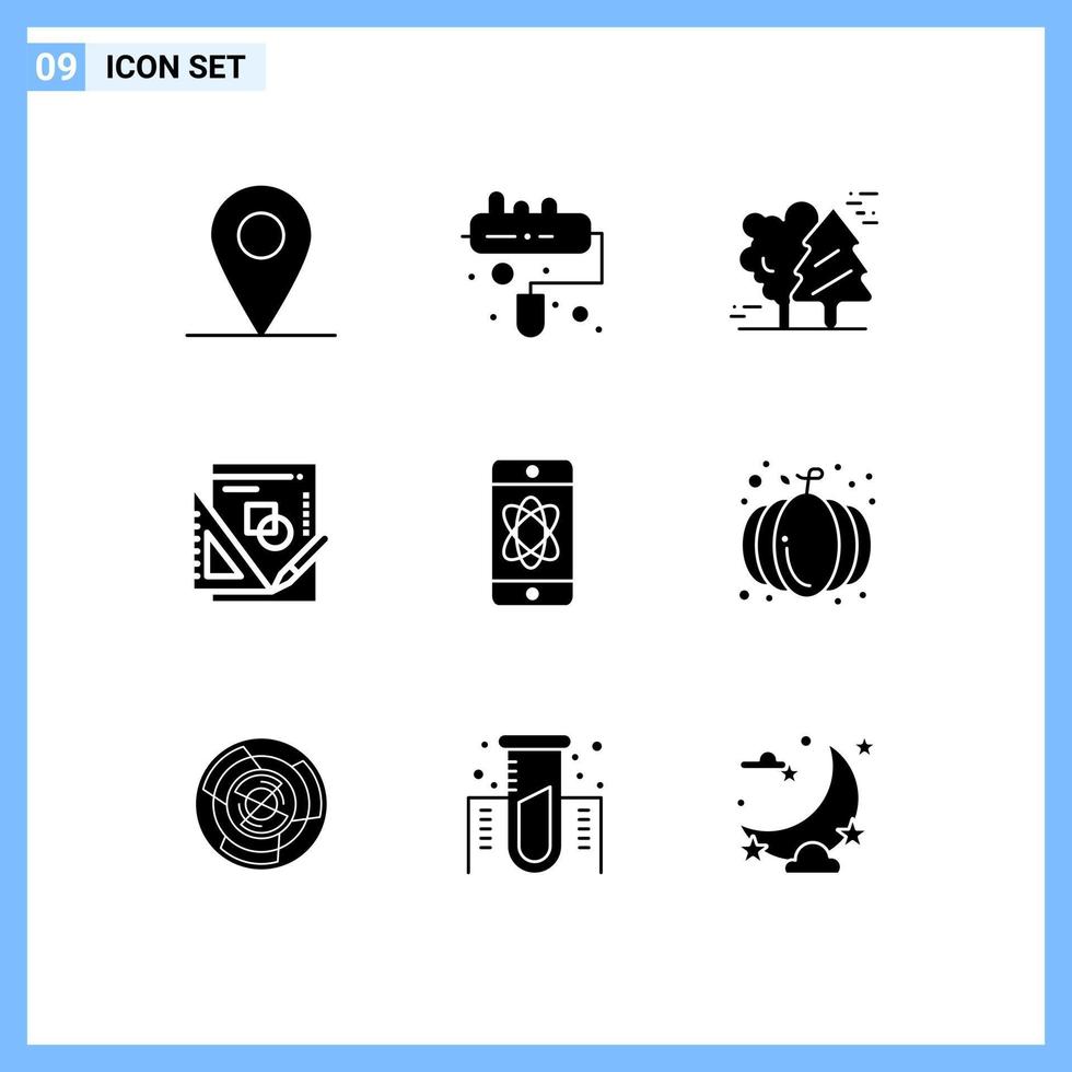 Solid Glyph Pack of 9 Universal Symbols of tech science pine trees atom mathematics Editable Vector Design Elements