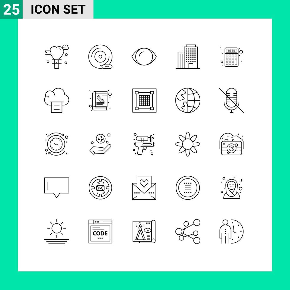 25 Thematic Vector Lines and Editable Symbols of math calculator eye house building Editable Vector Design Elements