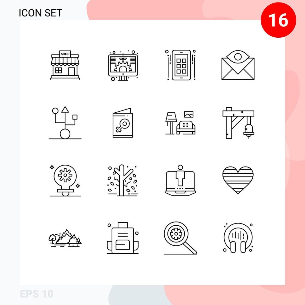 Editable Vector Line Pack of 16 Simple Outlines of inbox contact us screen contact advertise Editable Vector Design Elements