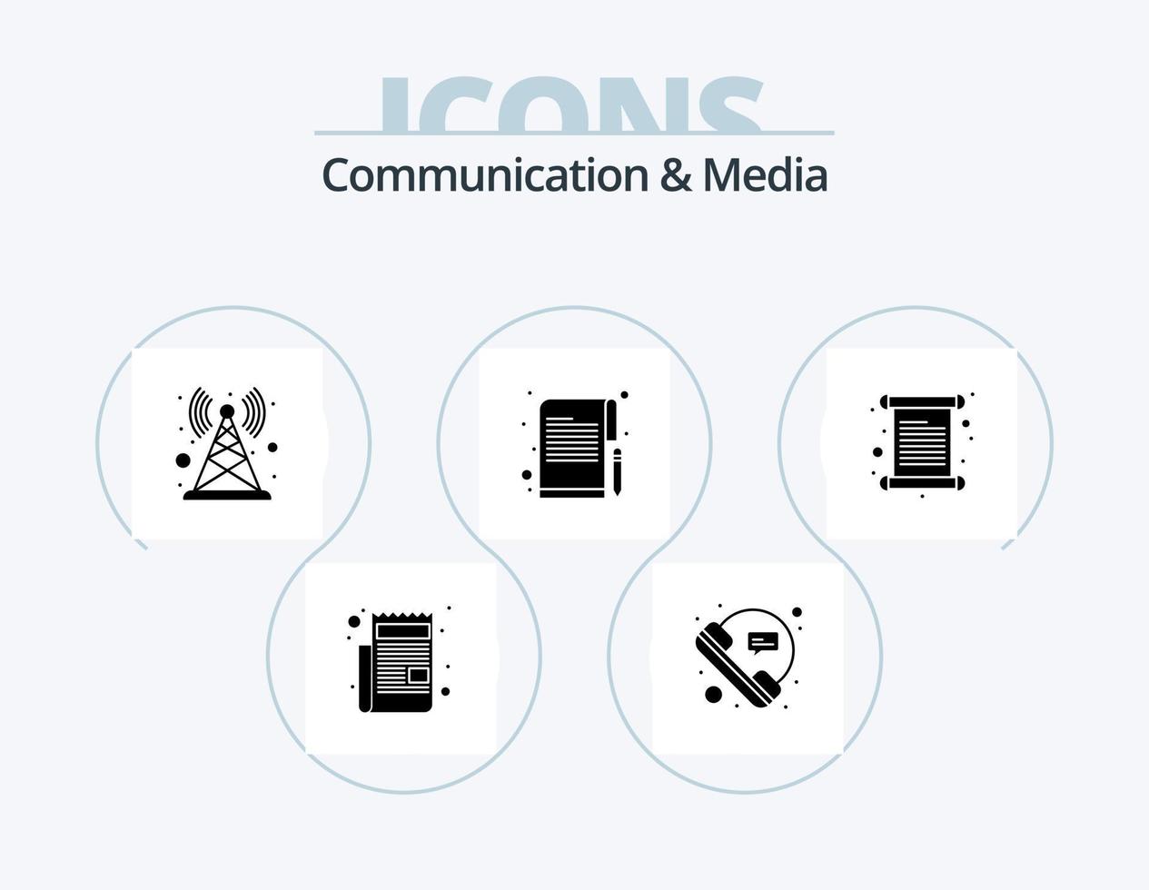 Communication And Media Glyph Icon Pack 5 Icon Design. card. writer. speech. notes. tower vector