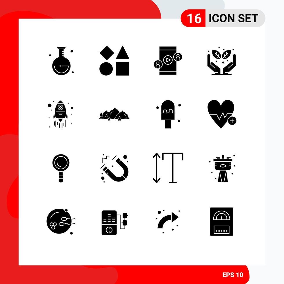 Mobile Interface Solid Glyph Set of 16 Pictograms of mountain rocket conference launch protect Editable Vector Design Elements