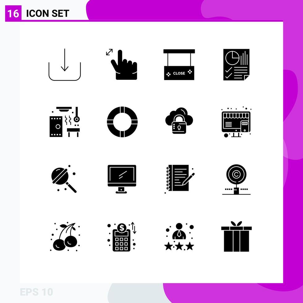 Modern Set of 16 Solid Glyphs and symbols such as sauna hot close report document Editable Vector Design Elements