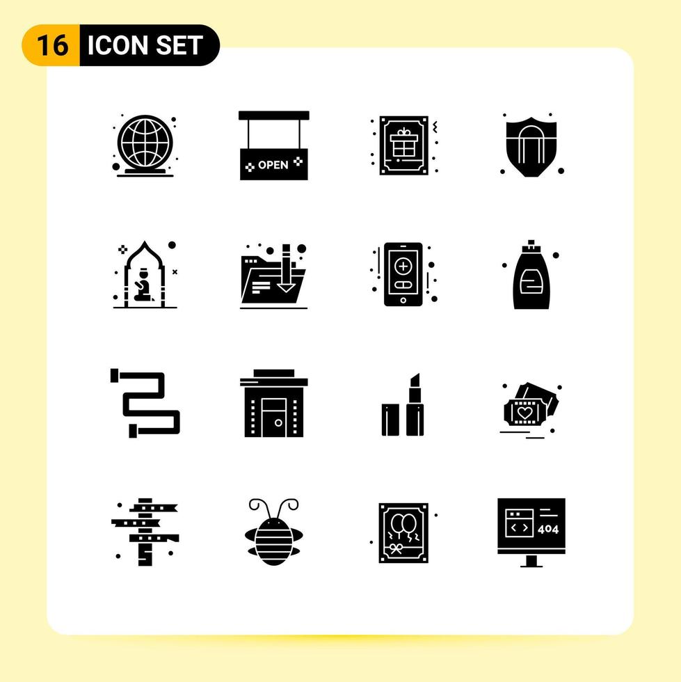 16 Universal Solid Glyphs Set for Web and Mobile Applications mosque protection salon access gift Editable Vector Design Elements