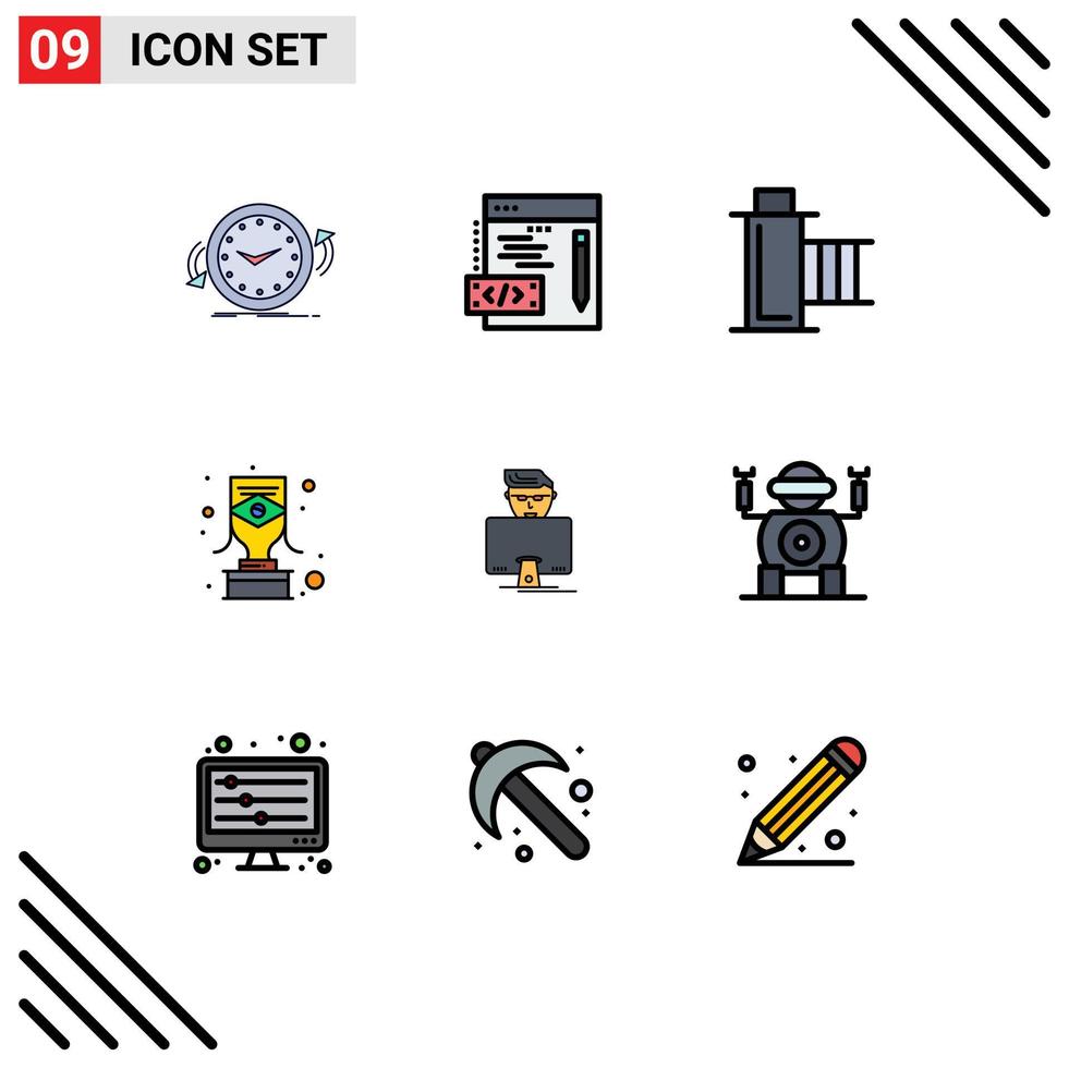 Pictogram Set of 9 Simple Filledline Flat Colors of hacker trophy cinema carnival reel Editable Vector Design Elements