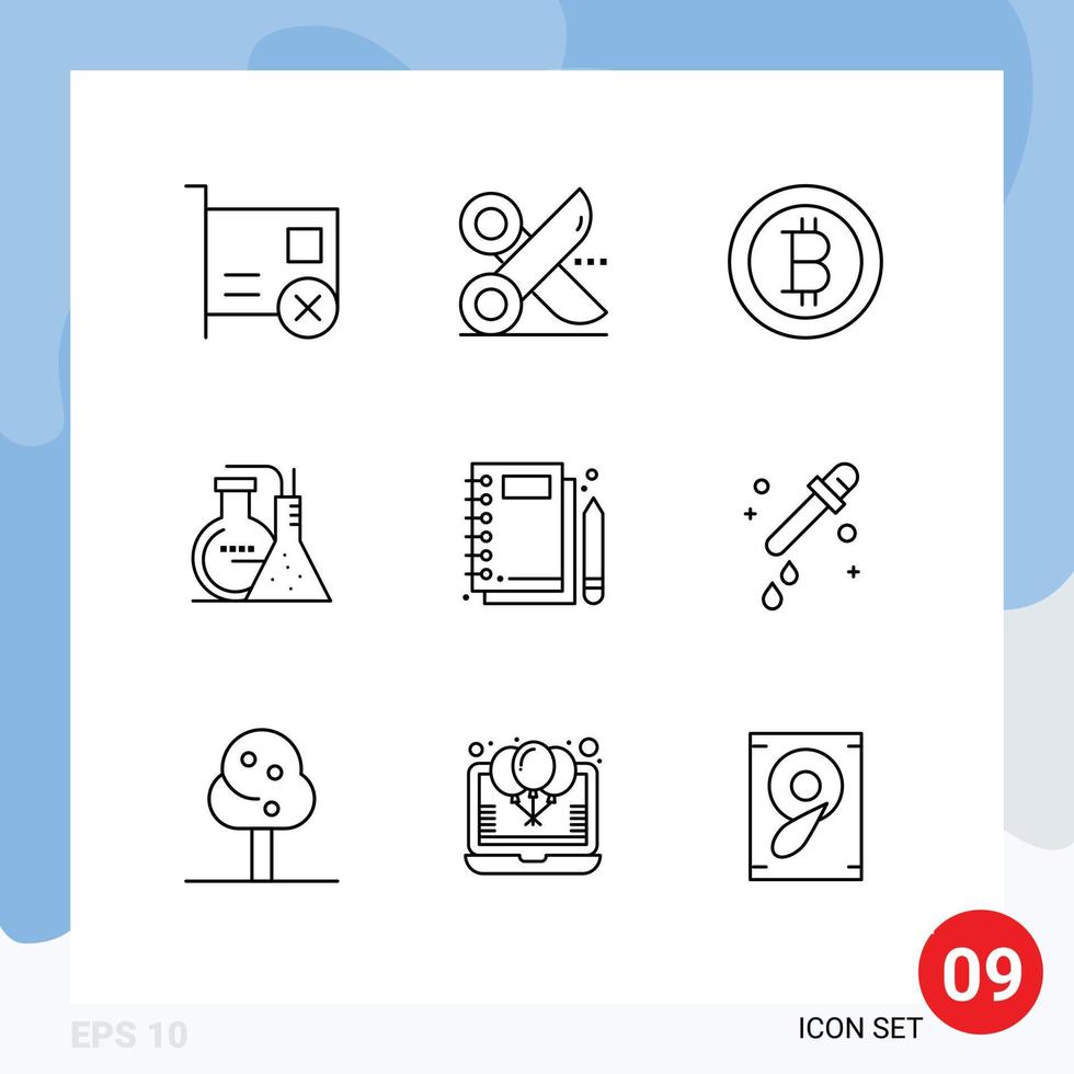 Set of 9 Vector Outlines on Grid for notebook energy scissor lab chemicals Editable Vector Design Elements