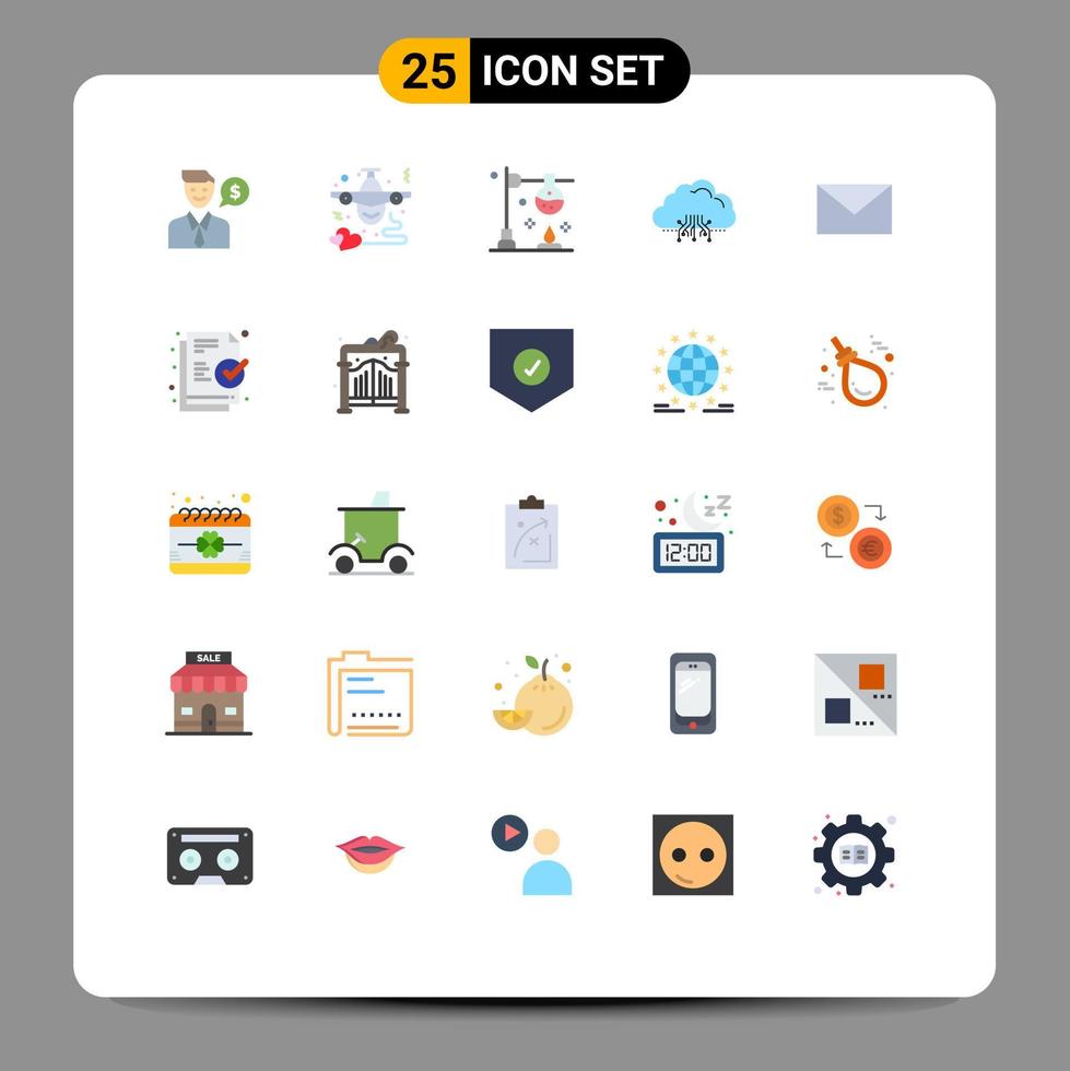 Pack of 25 Modern Flat Colors Signs and Symbols for Web Print Media such as network data love computing science Editable Vector Design Elements