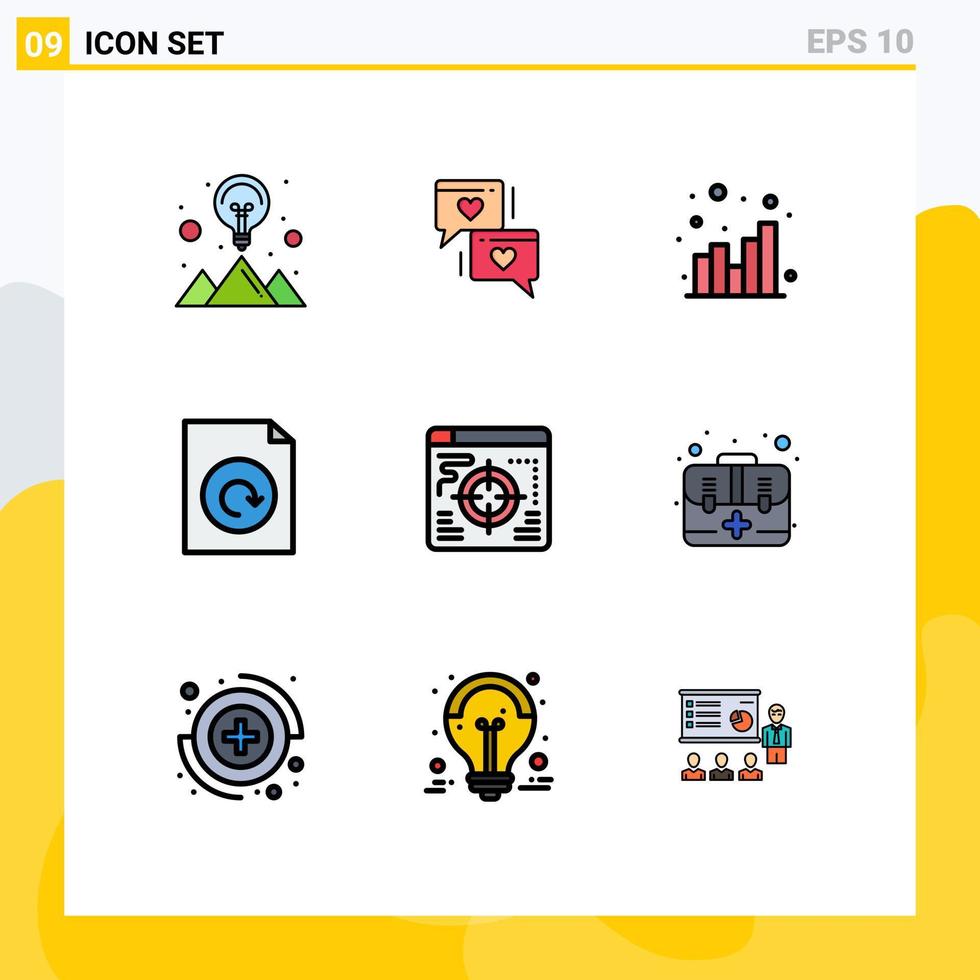 9 User Interface Filledline Flat Color Pack of modern Signs and Symbols of target web analytics reload document Editable Vector Design Elements